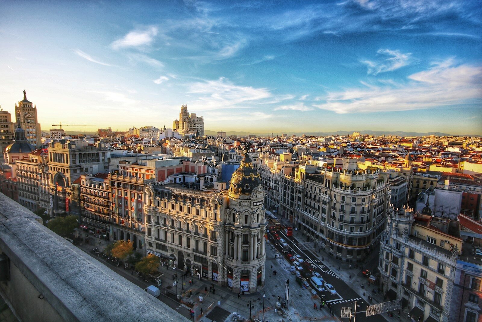 The Edificio Metropoli building at the intersection of Gran Vía in Madrid, Spain
